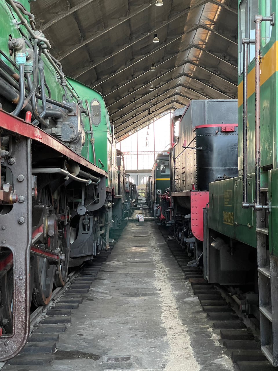 Historic trains inside Madrid's railway museum
