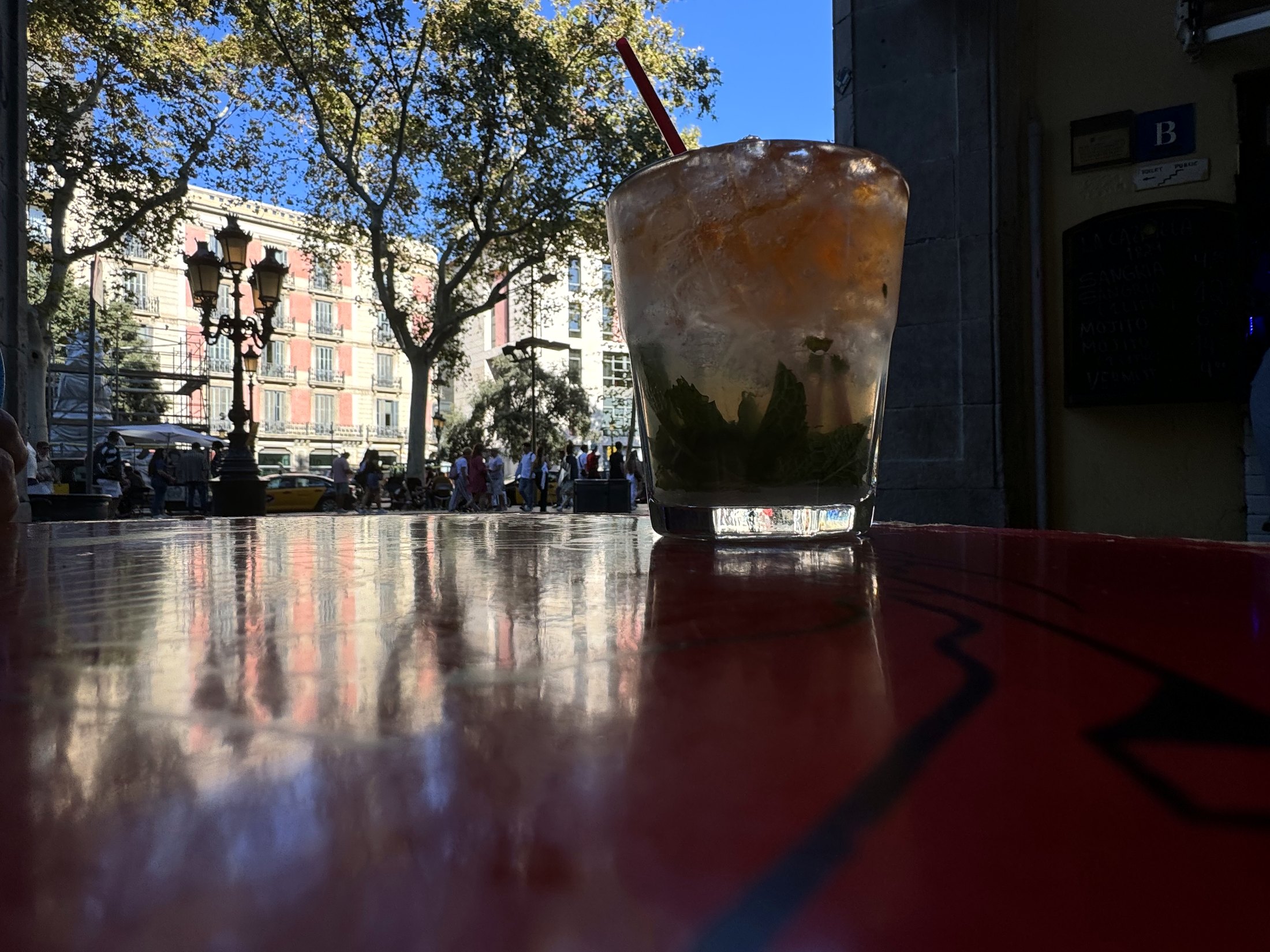 A drink on the table at Bar Kiosko La Cazalla in Barcelona