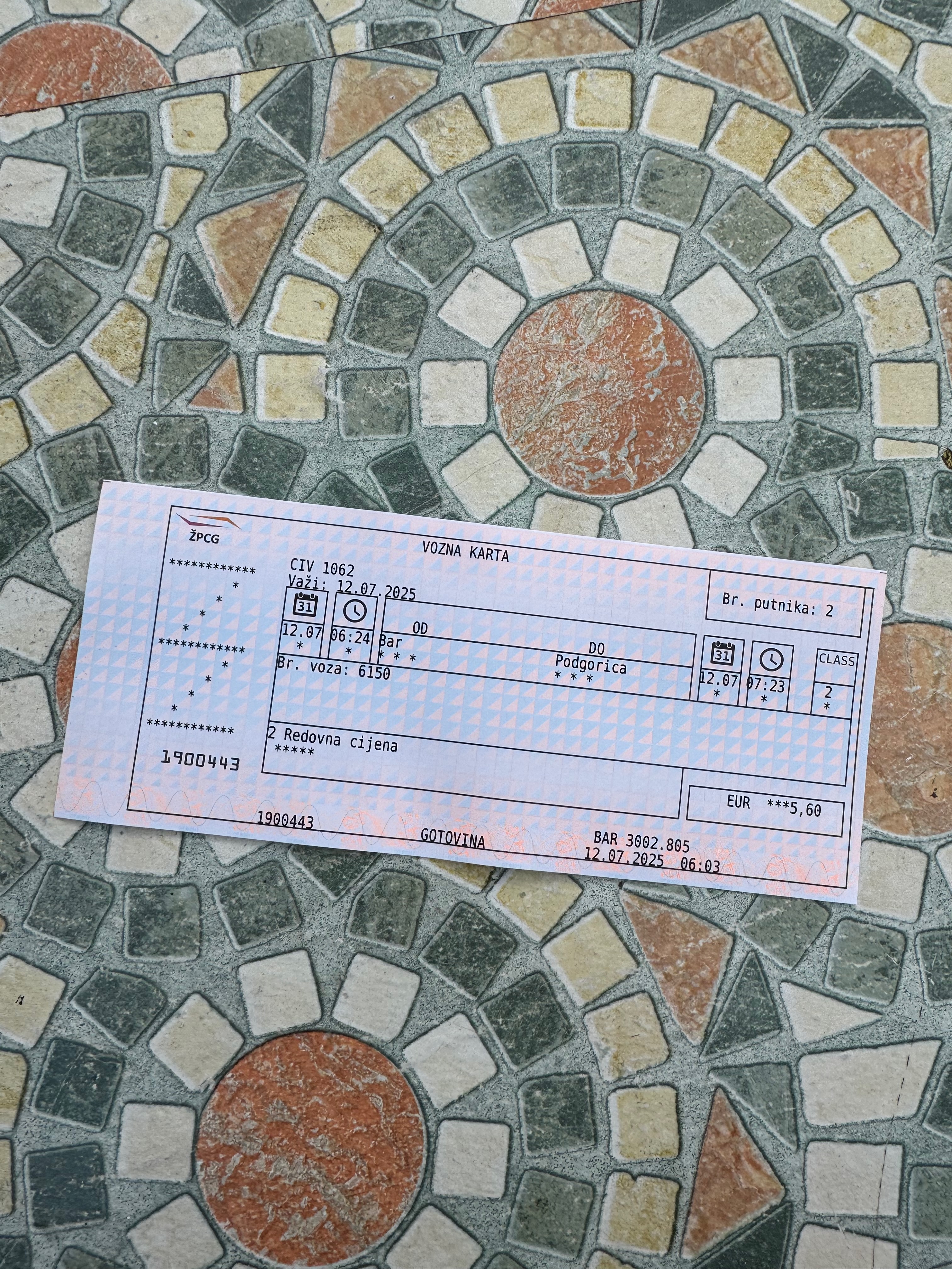 Paper ticket for two passengers from Bar to Podgorica on train 6150