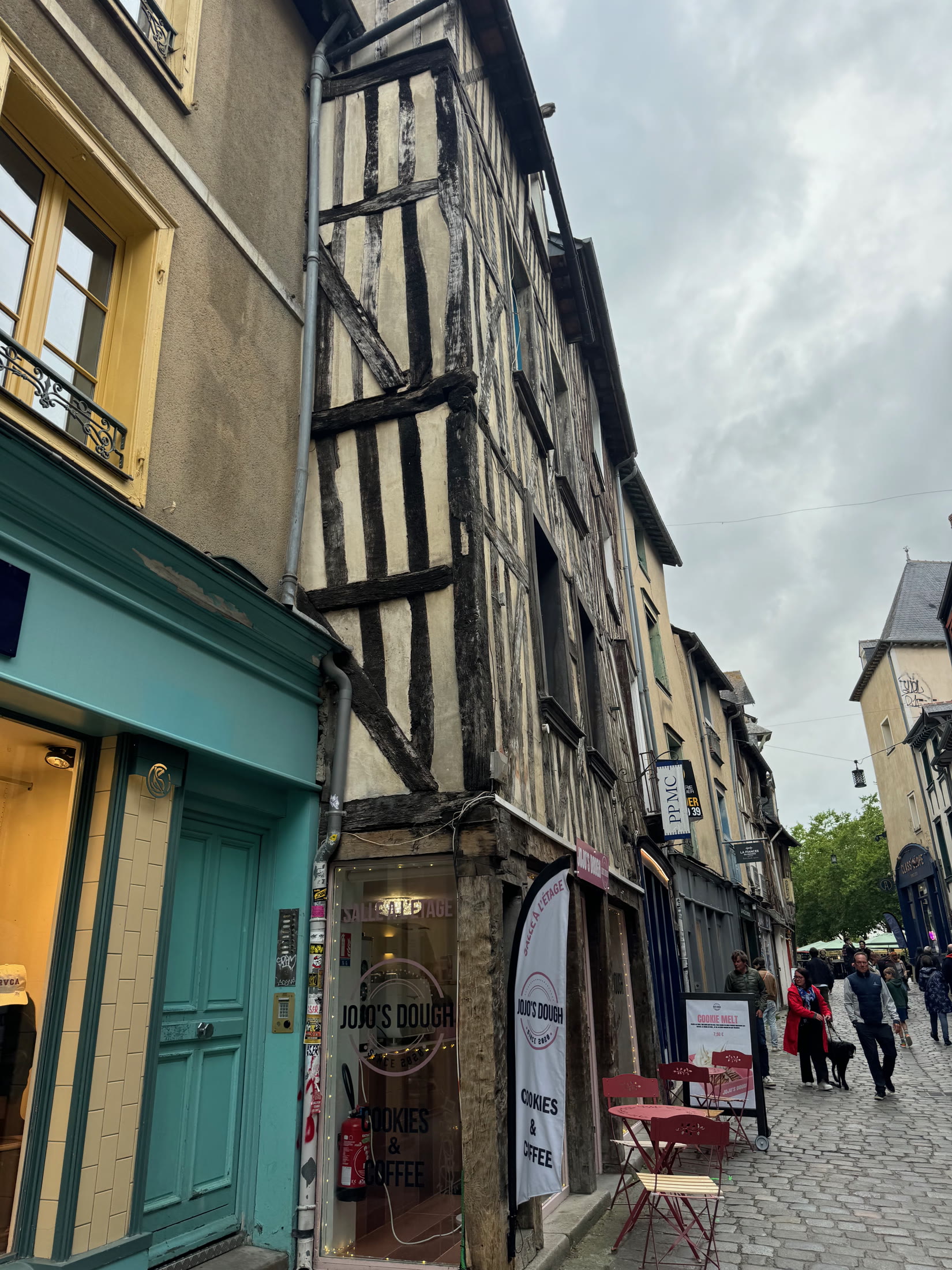 Half-timbered buildings on a narrow street in Rennes old town