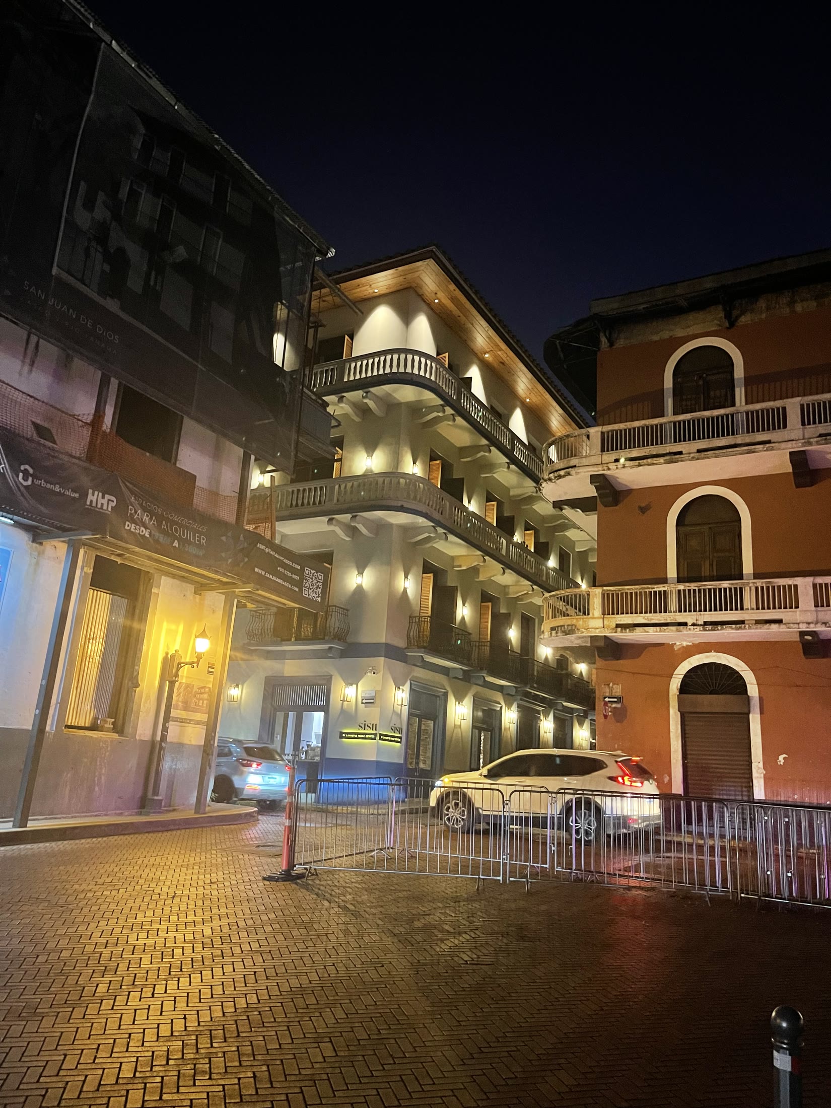 Colonial balconies lit at night in Casco Viejo, Panama City