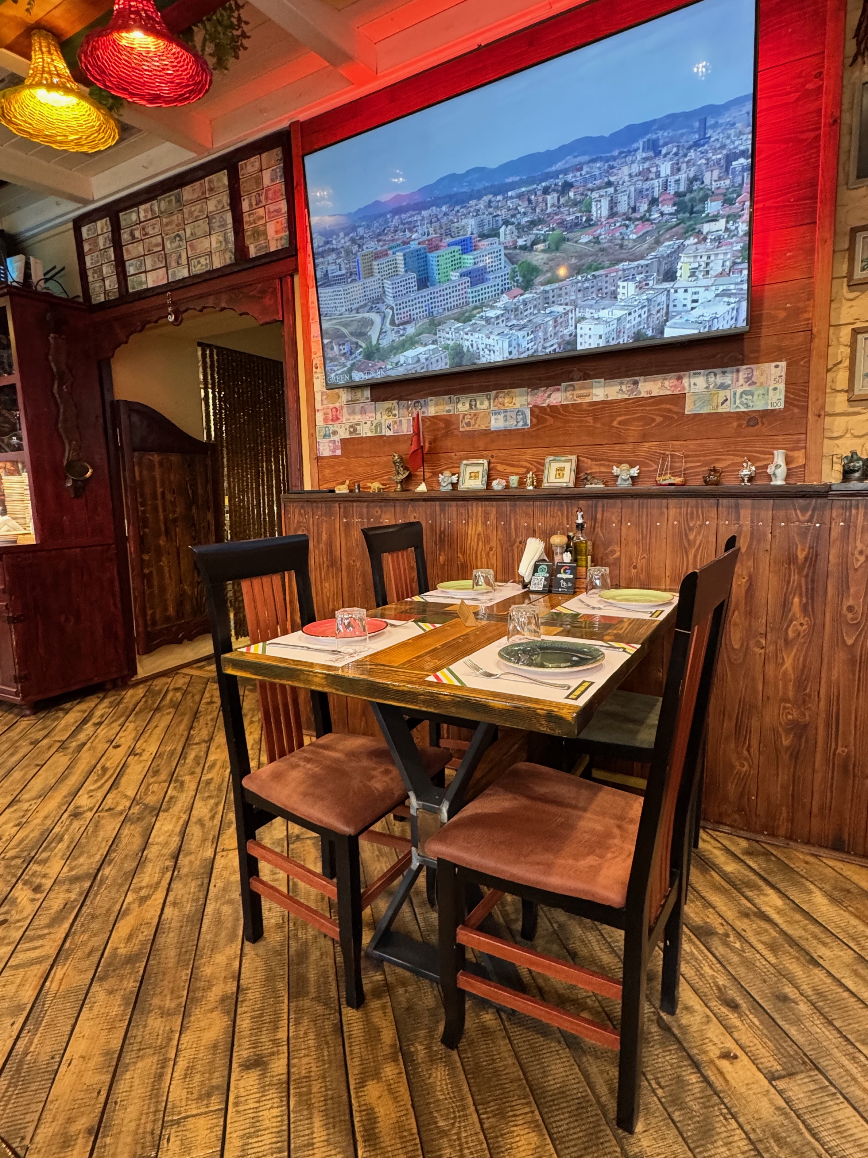 A table set inside Smoke House Bar and Grill in Tirana