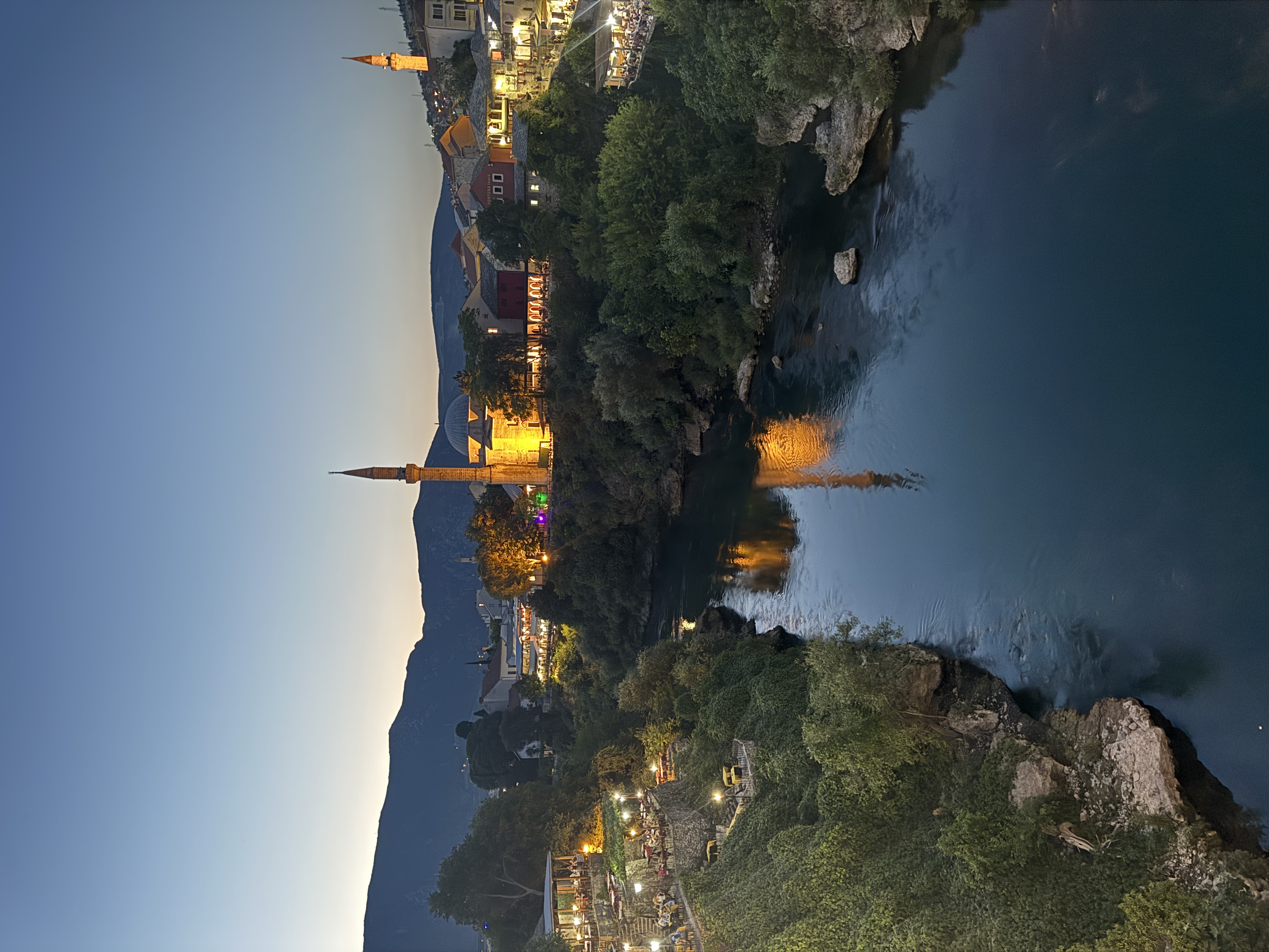 The Old Bridge in Mostar lit at night above the Neretva River