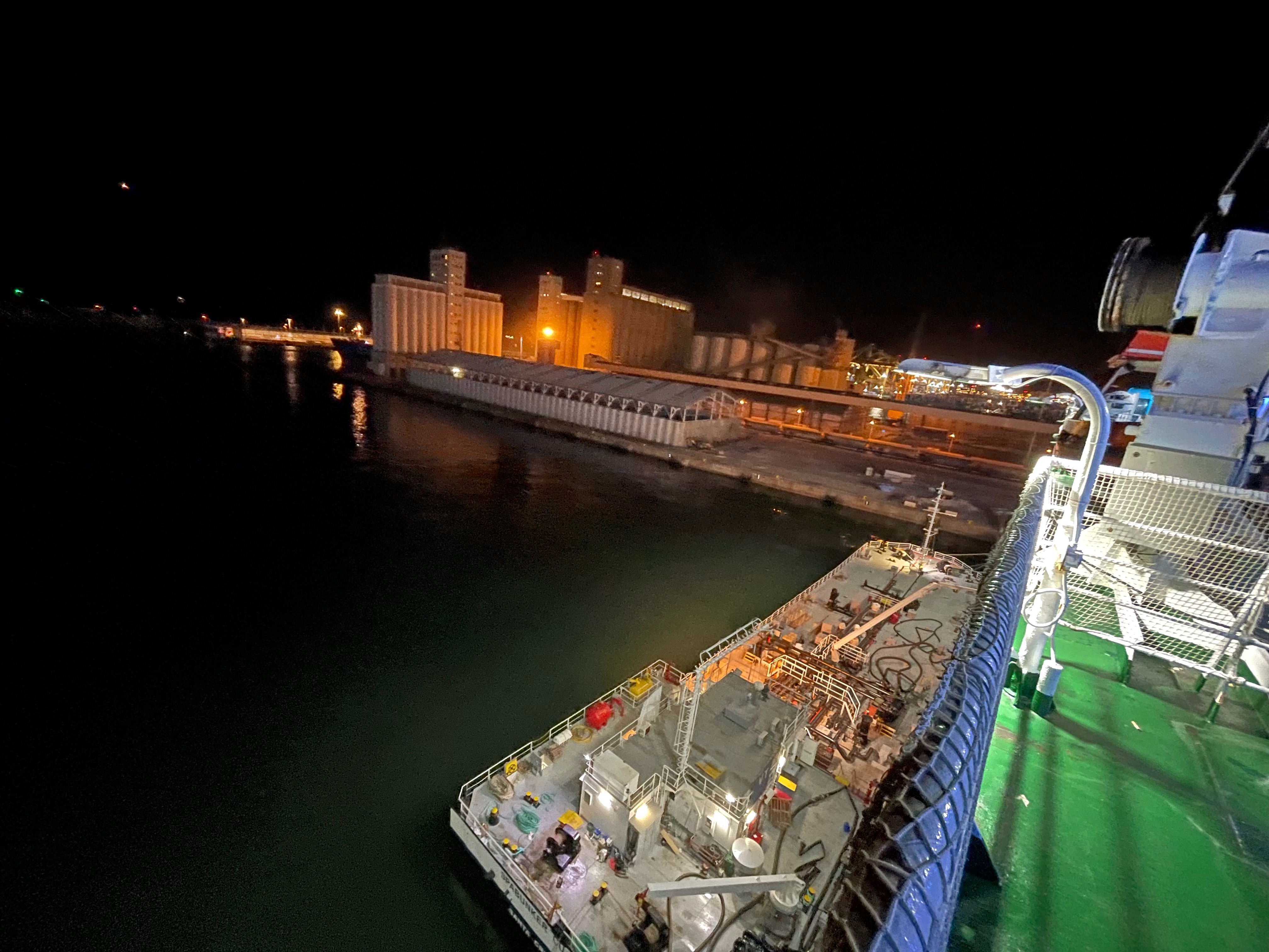 Civitavecchia ferry port at night seen from the Grimaldi Lines ship.